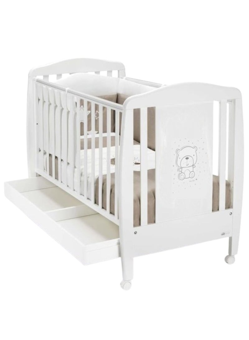 White Crib - Teddy Grey -  Two Position Mattress Base Heights, From 0 To 36 Months, Drawer, Four Castors, Two Of Which Have A Safety Brake, Playard, Baby Bed, Playpen, High Quality Made In Italy