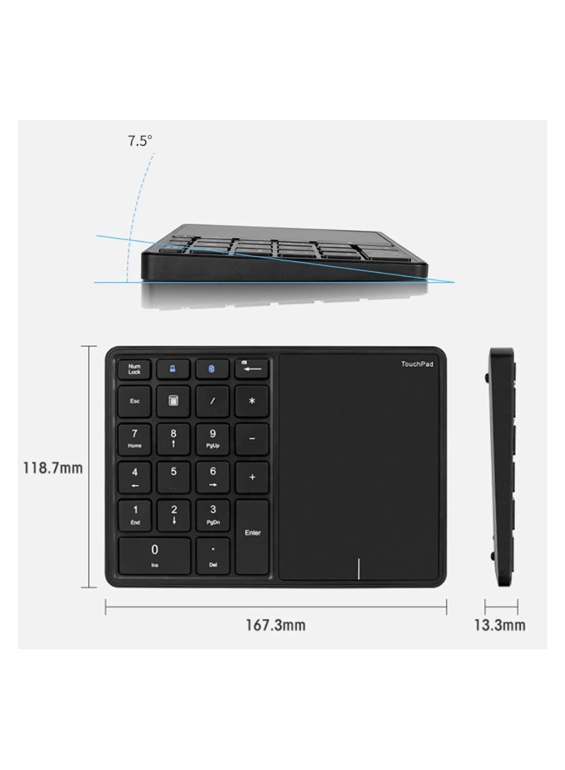 2.4G Wireless Numeric Keypad with Touchpad, 22 Keys Portable Bluetooth Number Pad, Financial Accounting USB C Rechargeable Number KeyboardBlack