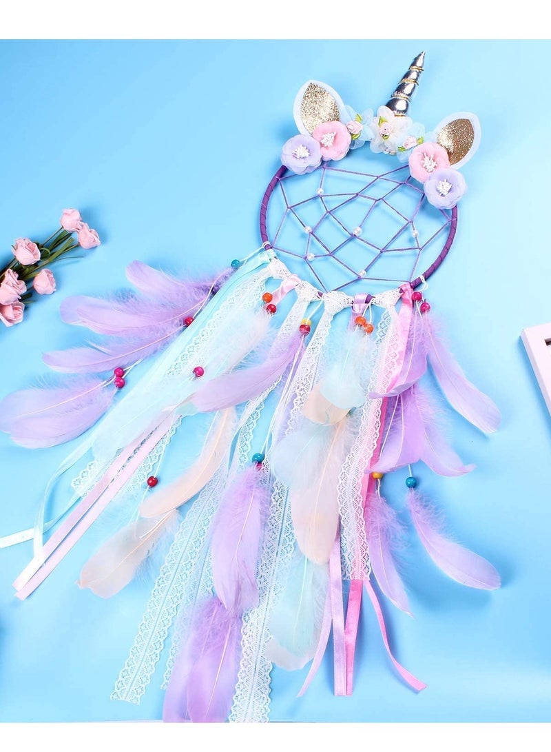 Unicorn Dream Catcher Wall Decor C ute Feather Dreamcatcher Wall Hanging for Bedrooms Party Royal Purple Feathers Traditional Crochet Design Feather Tassels Flower