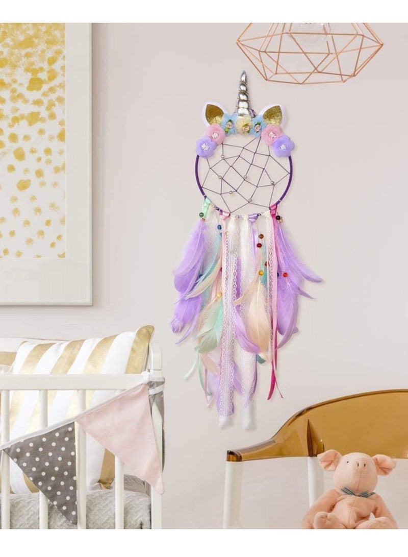 Unicorn Dream Catcher Wall Decor C ute Feather Dreamcatcher Wall Hanging for Bedrooms Party Royal Purple Feathers Traditional Crochet Design Feather Tassels Flower