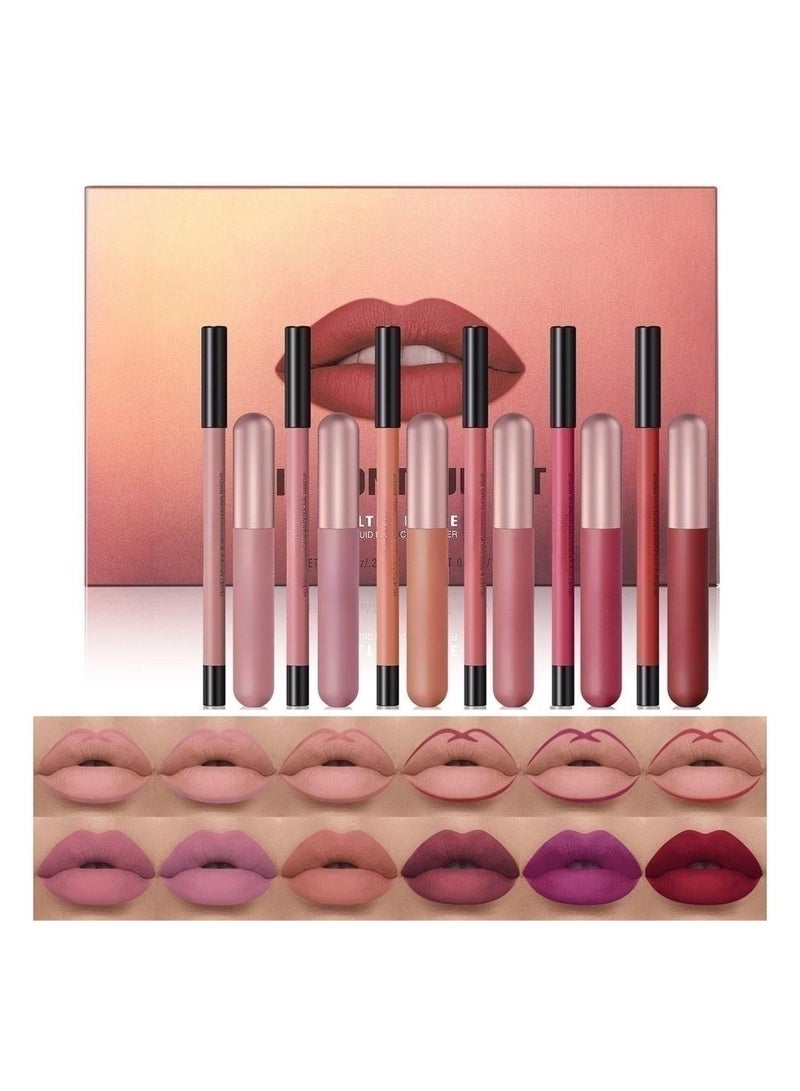 12PCS Matte Lip Gloss and Liner Set Waterproof Long Lasting Lip Makeup Gift for Women and Girls Non Stick and Smudge Proof