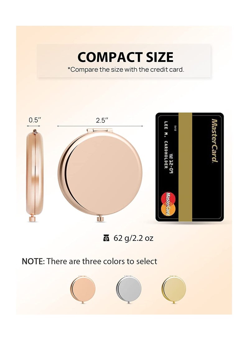 2 PCS Compact Mirror for Purse, Double Sided 1X2X Magnifying Metal Pocket Makeup MirrorsRound, Rose Gold