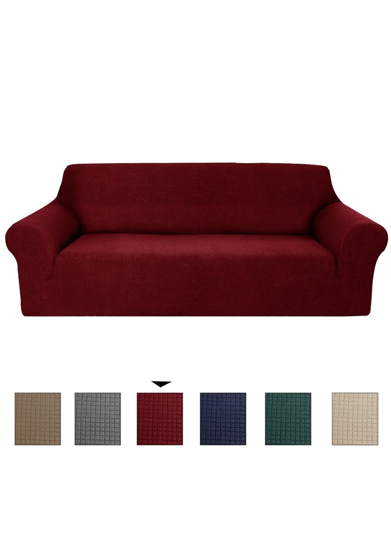 Stretch Fit 4-Seater Sofa Cover Soft Brushed Fabric Couch Cover Exquisitely Full Coverage Furniture Protector Slipcover Four Seater Fits on Standard and Recliner Sofa 235-300cm Size Burgundy