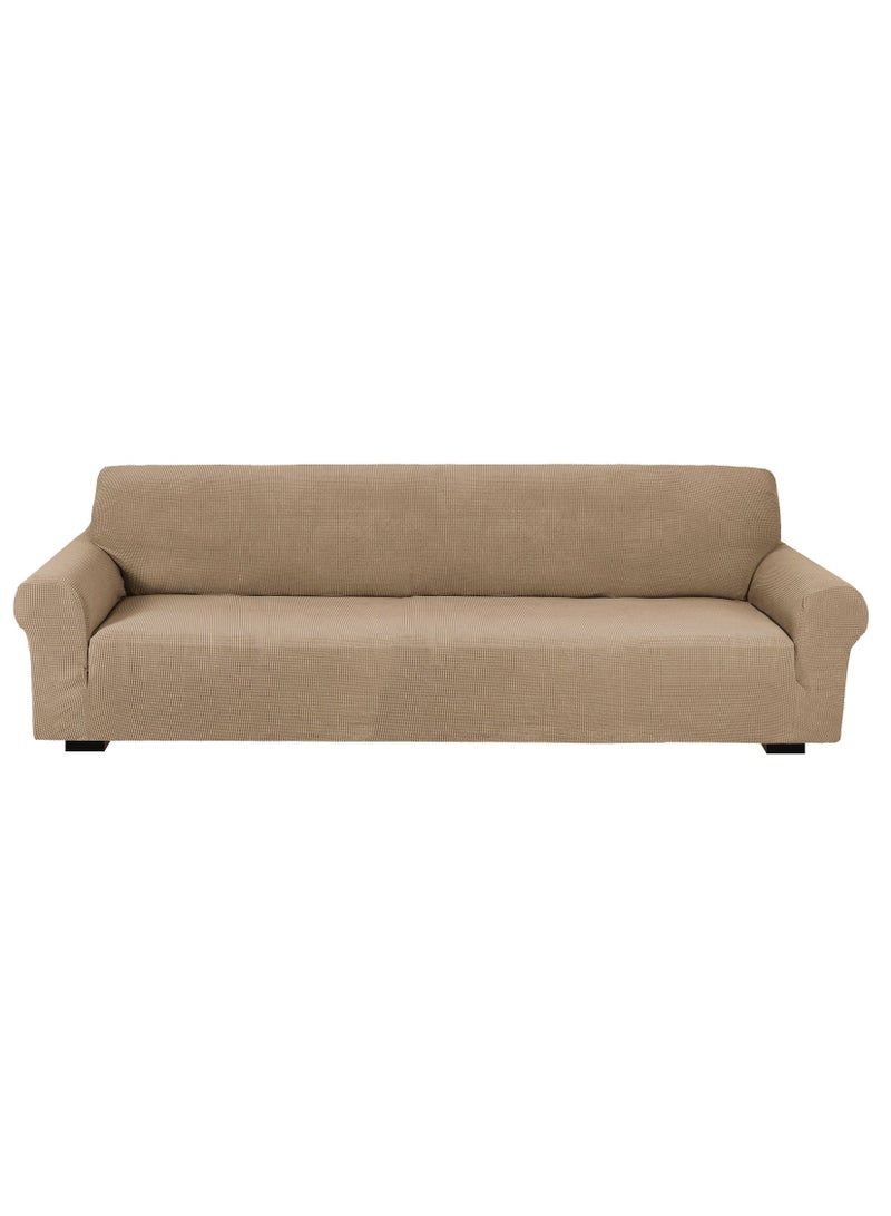 Stretch Fit 4-Seater Sofa Cover Soft Brushed Fabric Couch Cover Exquisitely Full Coverage Furniture Protector Slipcover Four Seater Fits on Standard and Recliner Sofa 235-300cm Size Sand Beige