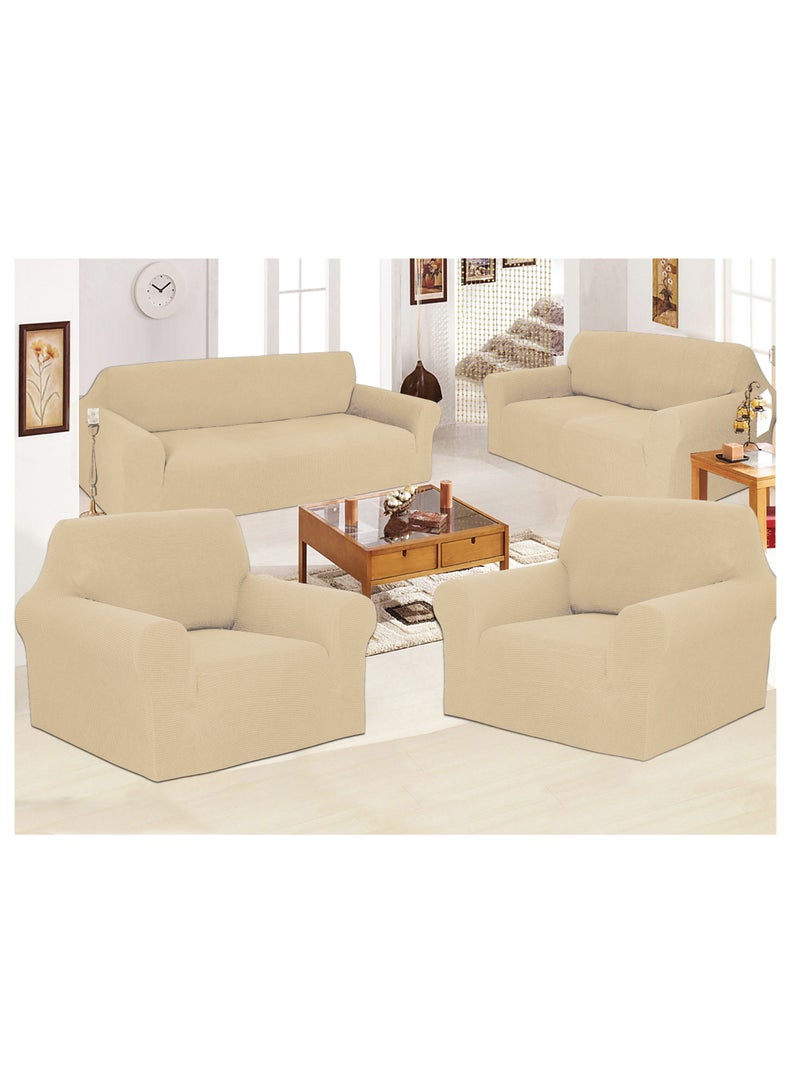 Stretch Fit 7 Seater Sofa Cover Set 3211 Combination Soft Brushed Fabric Couch Cover Exquisitely Full Coverage Furniture Protector Slipcover Seven Seater Fits on Standard and Recliner Sofa Cream