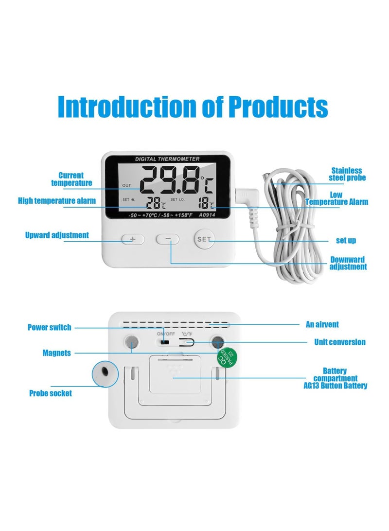 Digital Freezer Thermometer with External Sensor, LCD Display, High/Low Temperature Alarm, ℃/℉ Switchable, Magnetic Refrigerator Thermometer for Home