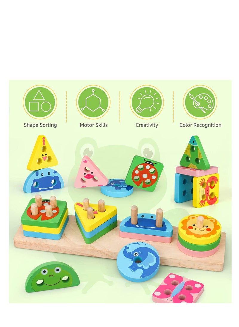 Montessori Toys for 1 3 Year Old Boys Girls,Wooden Sorting Stacking Toys for Toddlers,Preschool Educational Toys for 1 3 Year Old Color Recognition Shape Sorter,Learning Puzzles Gifts for 1 3 Year Old