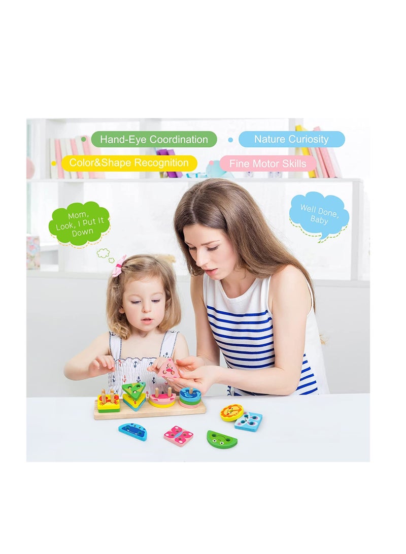 Montessori Toys for 1 3 Year Old Boys Girls,Wooden Sorting Stacking Toys for Toddlers,Preschool Educational Toys for 1 3 Year Old Color Recognition Shape Sorter,Learning Puzzles Gifts for 1 3 Year Old