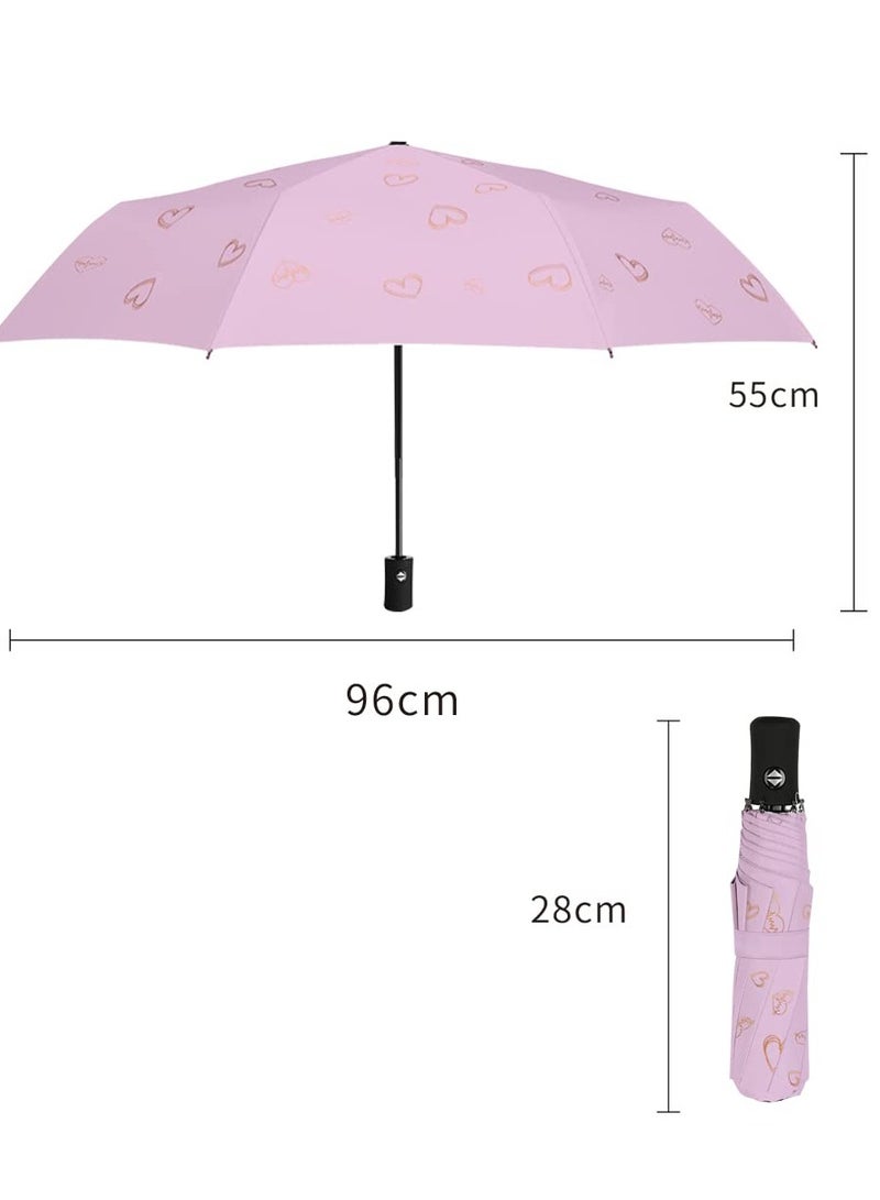 Folding Umbrellas Travel Automatic, women  Large Rain Folding Compact Umbrella Portable Fast Drying with One bu tton Auto Open and Close, Non slip Handle Pink love