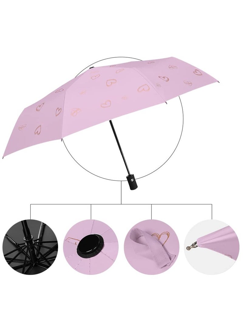 Folding Umbrellas Travel Automatic, women  Large Rain Folding Compact Umbrella Portable Fast Drying with One bu tton Auto Open and Close, Non slip Handle Pink love