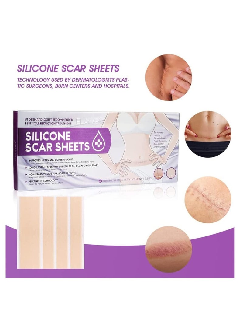 Silicone Scar Sheets & Strips, Keloid & C-Section Treatment for Men & Women, Reusable Burns Remover, Fast Results (Pack of 4 Pcs)