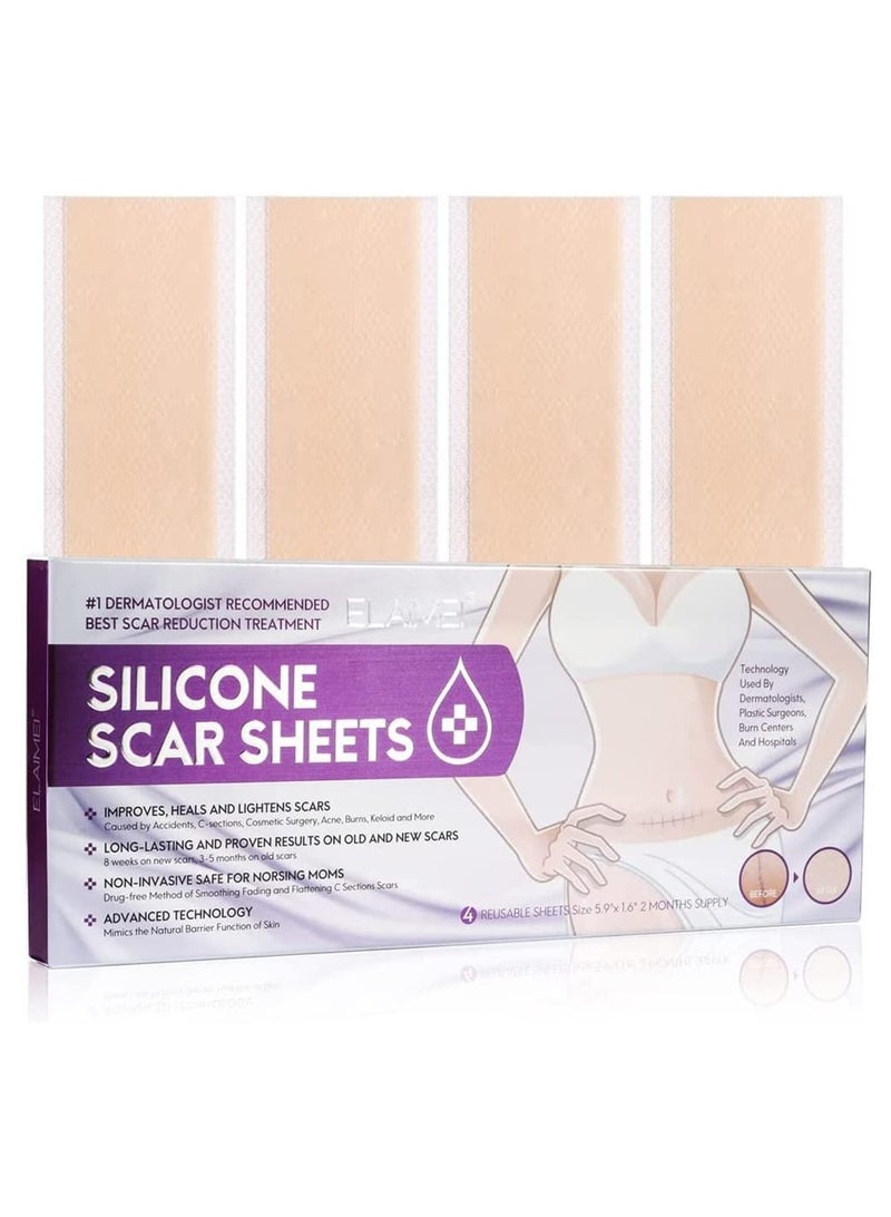 Silicone Scar Sheets & Strips, Keloid & C-Section Treatment for Men & Women, Reusable Burns Remover, Fast Results (Pack of 4 Pcs)