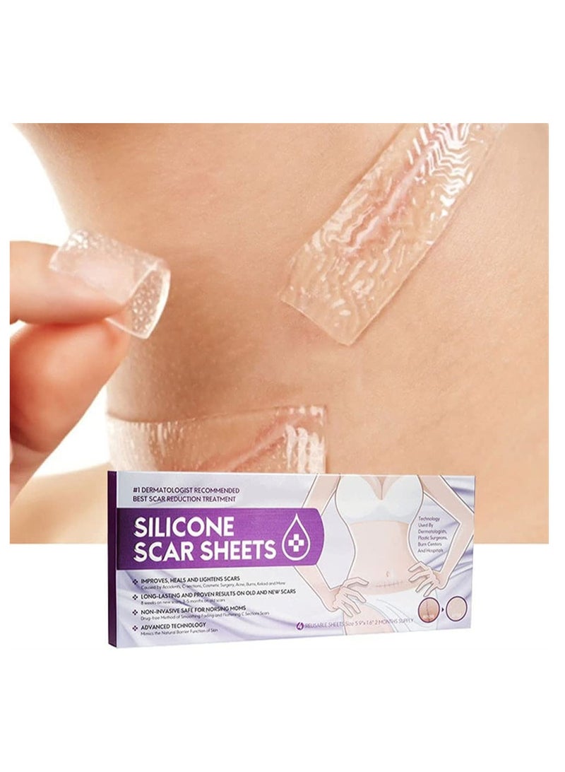 Silicone Scar Sheets & Strips, Keloid & C-Section Treatment for Men & Women, Reusable Burns Remover, Fast Results (Pack of 4 Pcs)