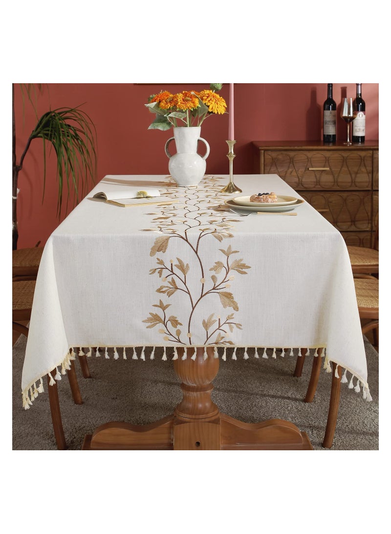 Cotton Linen Tablecloth for Dining Table Farmhouse Kitchen Rectangle Table Cloth Coffee Table Cover, Beige, Coffee Flower, 55x55 Inch