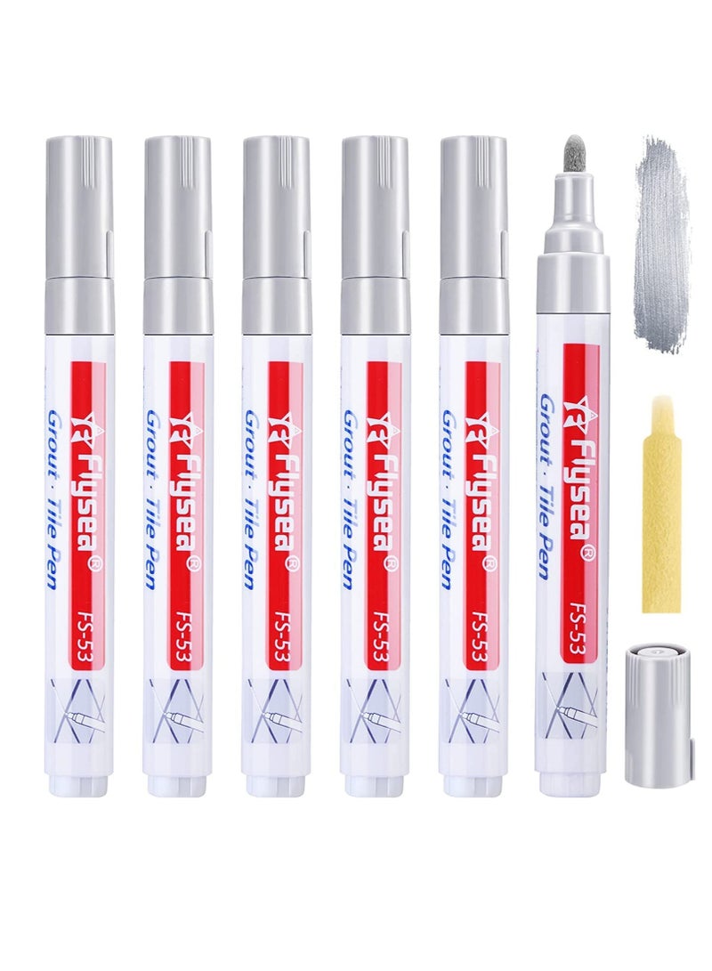 6 Pieces Tile Pen Wall Grout Restorer Pen Repair Marker Grout Filler Pen for Restoring Tile Grout Wall Floor Bathrooms and Kitchen Silver