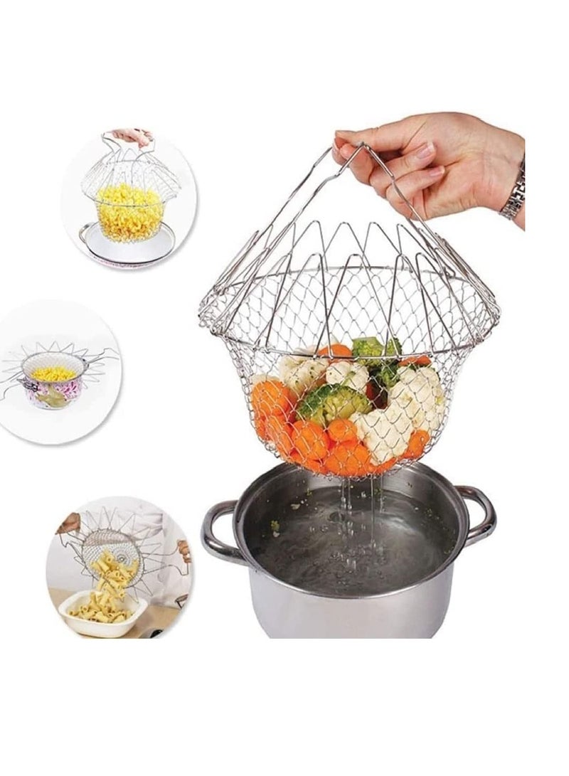 304 Stainless Steel Foldable Steam Rinse Strain Fry Basket Strainer Net Kitchen Cooking Tool for Fried Food or Fruits French Fries Potato Fryer