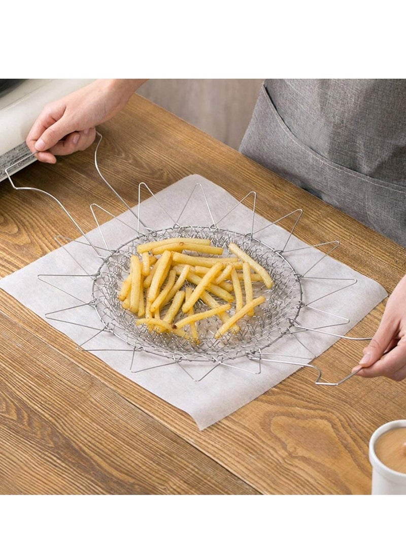 304 Stainless Steel Foldable Steam Rinse Strain Fry Basket Strainer Net Kitchen Cooking Tool for Fried Food or Fruits French Fries Potato Fryer