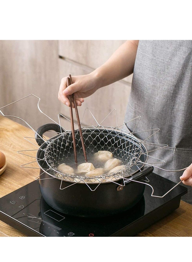 304 Stainless Steel Foldable Steam Rinse Strain Fry Basket Strainer Net Kitchen Cooking Tool for Fried Food or Fruits French Fries Potato Fryer