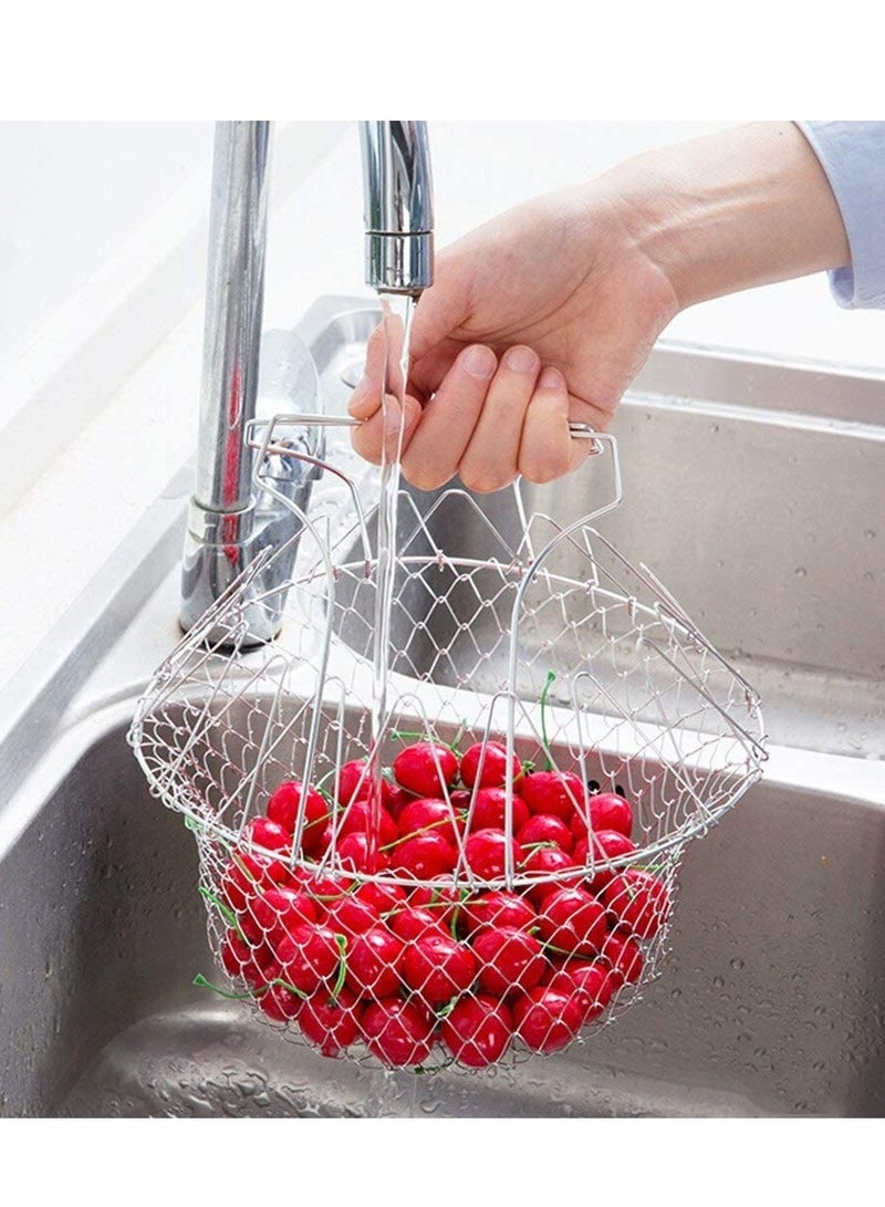 304 Stainless Steel Foldable Steam Rinse Strain Fry Basket Strainer Net Kitchen Cooking Tool for Fried Food or Fruits French Fries Potato Fryer