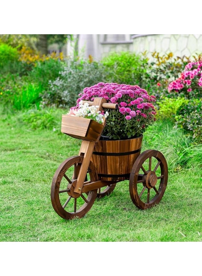 Wooden Flower Pot Tricycle Shape Wooden Flower Plater with Three Movable Wheels Decorative Garden Plant Pot For Indoor and Outdoor Flower Cart For Patio Lawn Garden