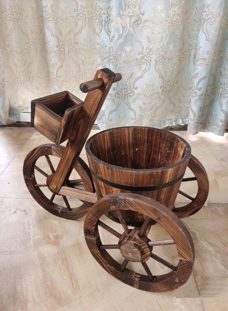 Wooden Flower Pot Tricycle Shape Wooden Flower Plater with Three Movable Wheels Decorative Garden Plant Pot For Indoor and Outdoor Flower Cart For Patio Lawn Garden