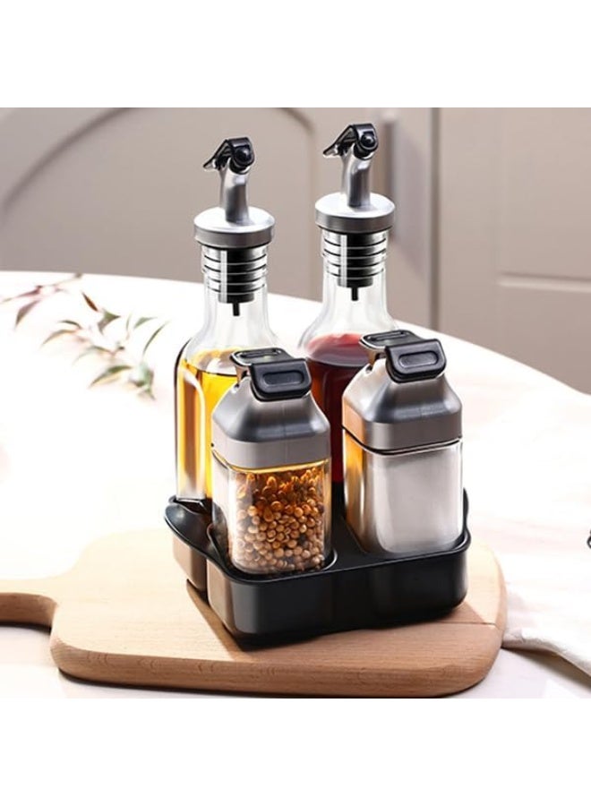 Jucoan 5 Pieces Oil Vinegar Dispenser Salt Pepper Shaker Set With Holder, 2 Pieces Glass Salt And Pepper Shakers+ 2 Pieces Olive Oil Vinegar Cruets +1 Storage Stand For Home Kitchen Restaurant Tabletop