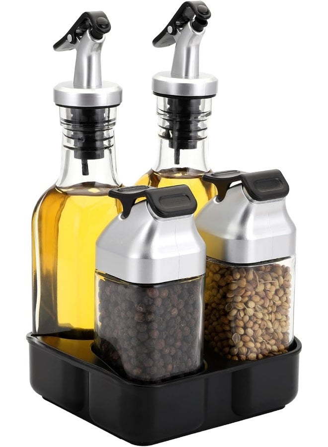 Jucoan 5 Pieces Oil Vinegar Dispenser Salt Pepper Shaker Set With Holder, 2 Pieces Glass Salt And Pepper Shakers+ 2 Pieces Olive Oil Vinegar Cruets +1 Storage Stand For Home Kitchen Restaurant Tabletop