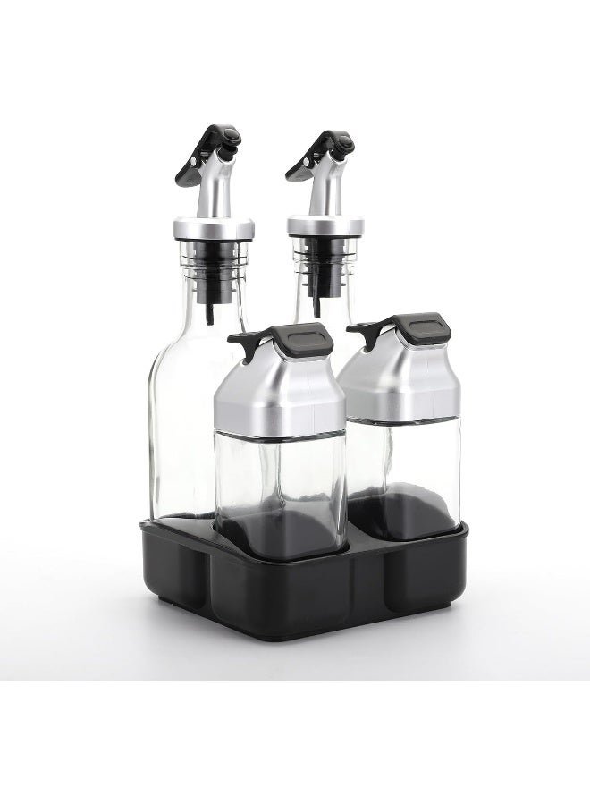 Jucoan 5 Pieces Oil Vinegar Dispenser Salt Pepper Shaker Set With Holder, 2 Pieces Glass Salt And Pepper Shakers+ 2 Pieces Olive Oil Vinegar Cruets +1 Storage Stand For Home Kitchen Restaurant Tabletop