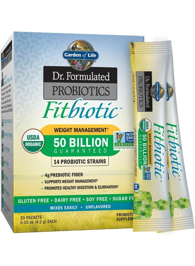 Dr. Formulated Probiotics Fitbiotic Weight Management Powder 50 Billion Cfu And Prebiotic Fiber Organic 20 Single Serving Packets