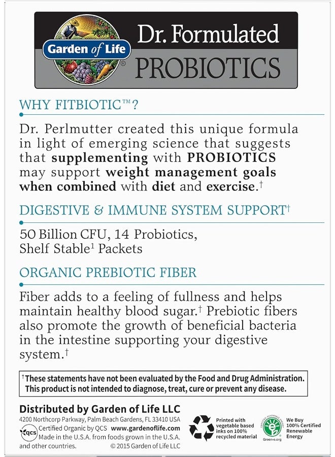 Dr. Formulated Probiotics Fitbiotic Weight Management Powder 50 Billion Cfu And Prebiotic Fiber Organic 20 Single Serving Packets