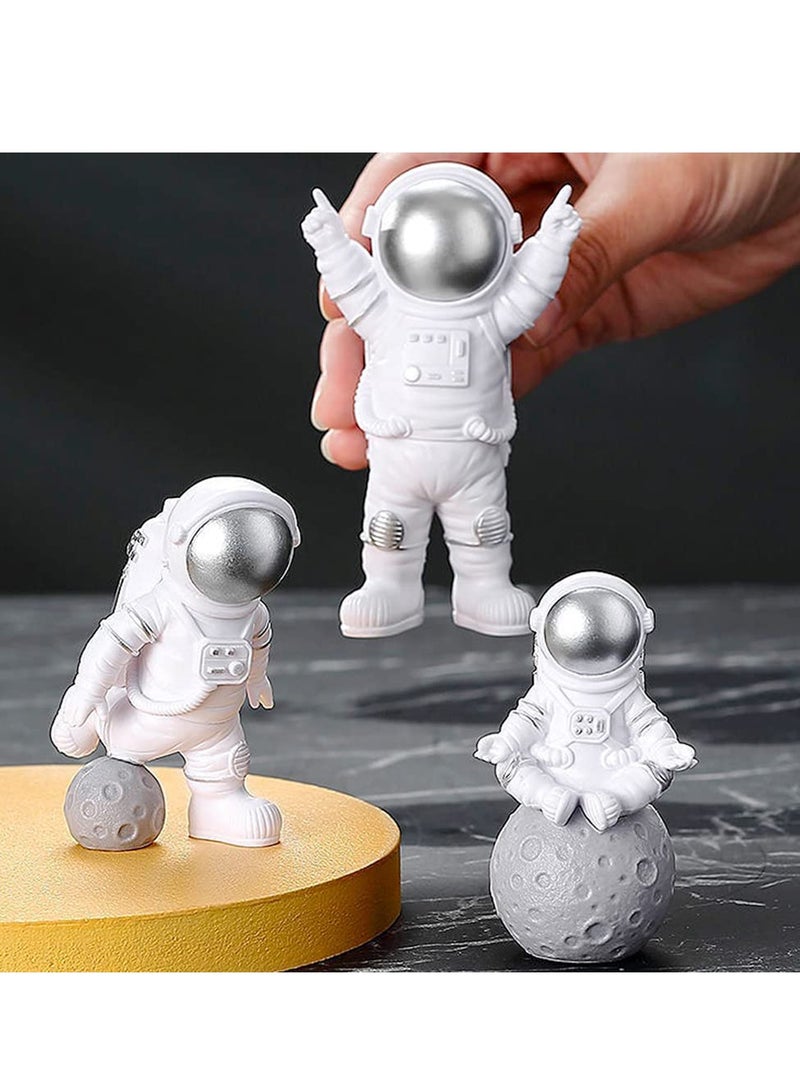 3 Pcs Astronaut Figurines Cake Topper Outer Space Spaceman Action Figure Statue Tabletop Ornament Miniature Astronaut Figures for Outer Space Birthday Cake Decoration, Silver