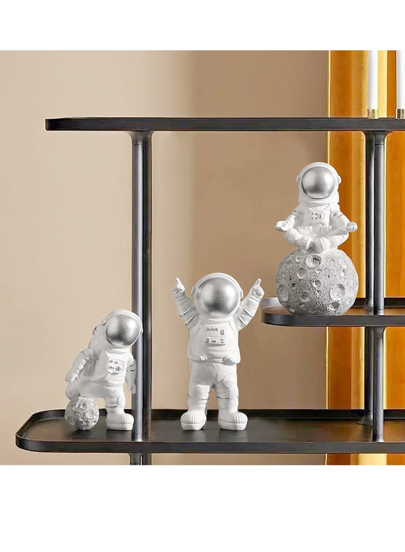 3 Pcs Astronaut Figurines Cake Topper Outer Space Spaceman Action Figure Statue Tabletop Ornament Miniature Astronaut Figures for Outer Space Birthday Cake Decoration, Silver