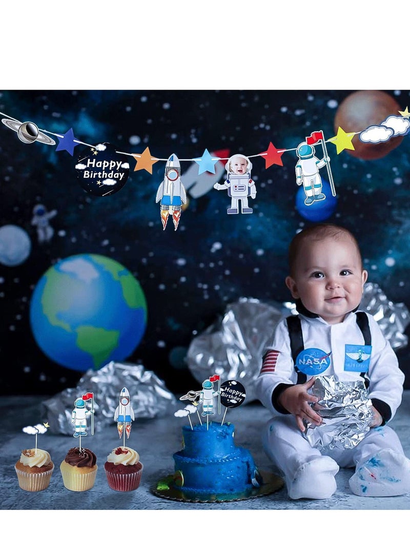 Astronaut Figurines Cake Topper Outer Space Birthday Cake Decoration Spaceman Model Display Miniature Astronaut Toys Set, Planet Rocket Pearl Balls and Star DIY Cake Toppers for Kids Party 4Pcs