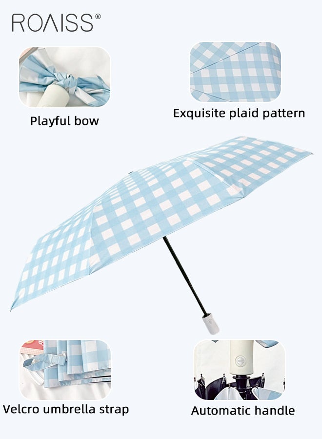 Blue Plaid Fully Automatic Umbrella for Women 8 Rib Lightweight Dual Purpose Umbrella for Sun and Rain Protection Girls Compact Portable Fold Umbrella Effectively Blocks Sunlight UPF50+