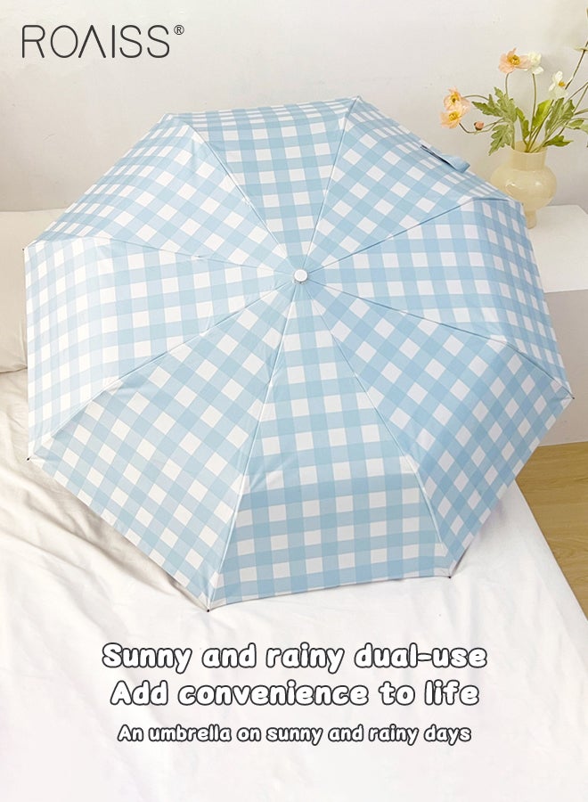 Blue Plaid Fully Automatic Umbrella for Women 8 Rib Lightweight Dual Purpose Umbrella for Sun and Rain Protection Girls Compact Portable Fold Umbrella Effectively Blocks Sunlight UPF50+