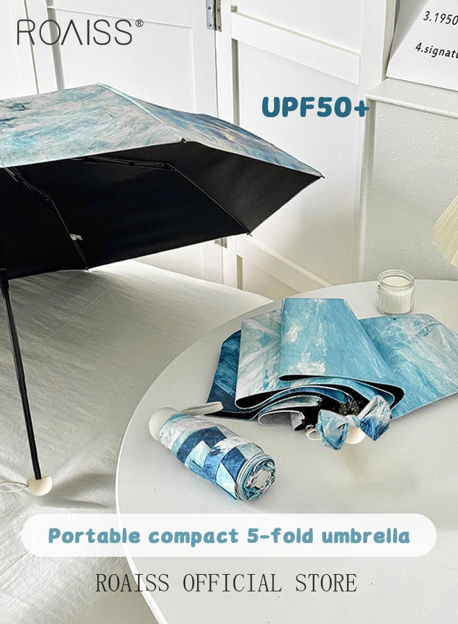 Artistic Pattern Mini Lightweight Umbrella for Women 6 Rib Lightweight Dual Purpose Umbrella Ladies Compact Portable 5 Fold Umbrella Effectively Blocks Sunlight UPF50+