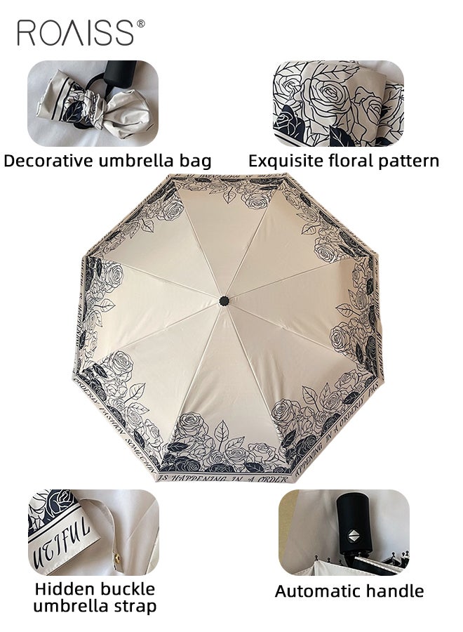 French Rose Pattern Fully Automatic Umbrella for Women 8 Rib Lightweight Dual Purpose Umbrella Ladies Compact Portable 3 Fold Umbrella Effectively Blocks Sunlight UPF50+