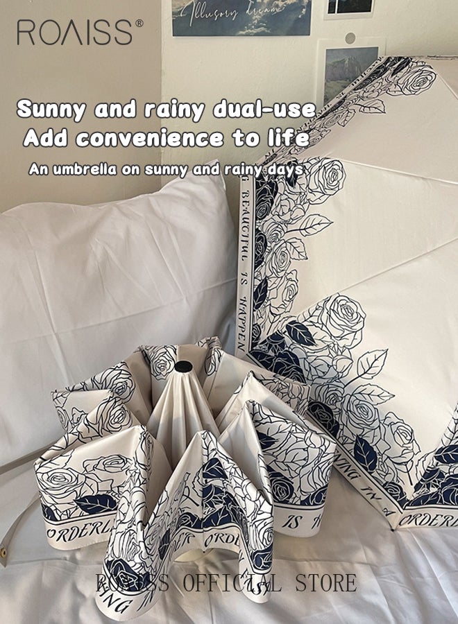 French Rose Pattern Fully Automatic Umbrella for Women 8 Rib Lightweight Dual Purpose Umbrella Ladies Compact Portable 3 Fold Umbrella Effectively Blocks Sunlight UPF50+