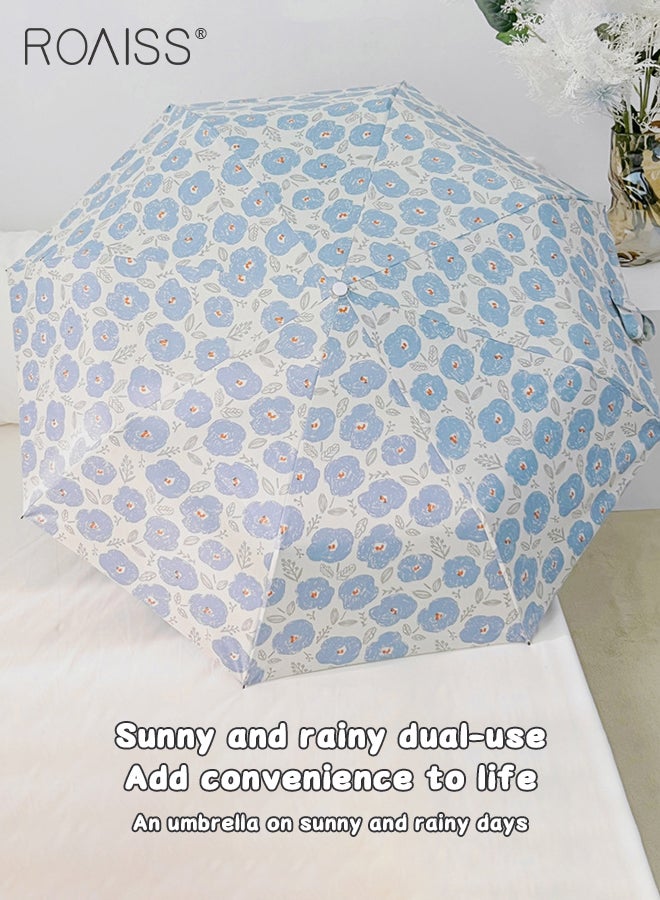 Blue Flower Fully Automatic Umbrella for Women 8 Rib Lightweight Dual Purpose Umbrella for Sun and Rain Protection Girls Compact Portable Fold Umbrella Effectively Blocks Sunlight UPF50+