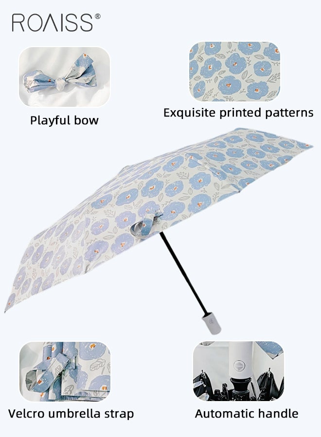 Blue Flower Fully Automatic Umbrella for Women 8 Rib Lightweight Dual Purpose Umbrella for Sun and Rain Protection Girls Compact Portable Fold Umbrella Effectively Blocks Sunlight UPF50+