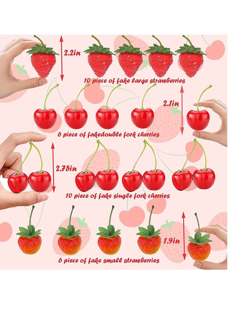 32Pcs Artificial Strawberries Fake Fruit Fake Strawberries Fake CherriesSimulation Fake Strawberry Realistic Plastic Fruit Artificial Fake Cherries Strawberry Decor for WeddingPhotography Prop