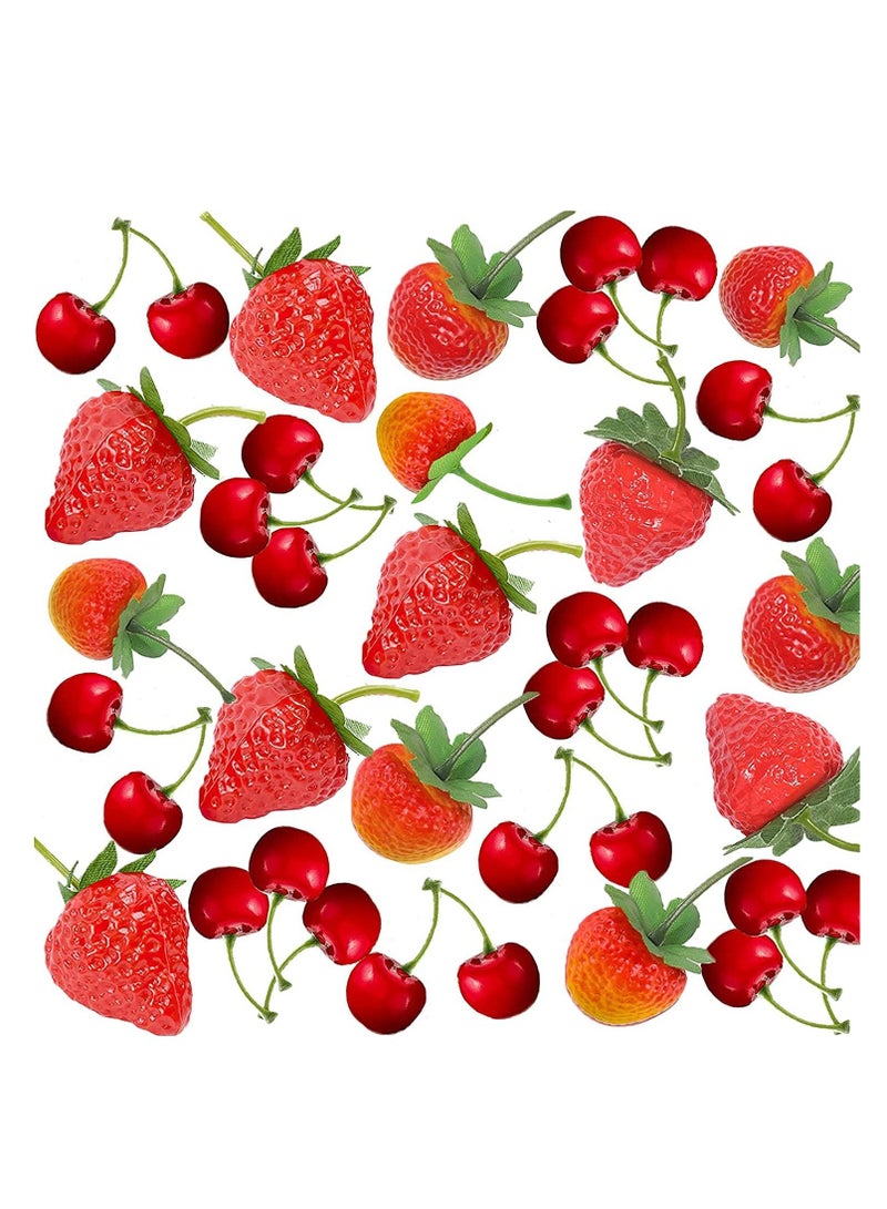 32Pcs Artificial Strawberries Fake Fruit Fake Strawberries Fake CherriesSimulation Fake Strawberry Realistic Plastic Fruit Artificial Fake Cherries Strawberry Decor for WeddingPhotography Prop