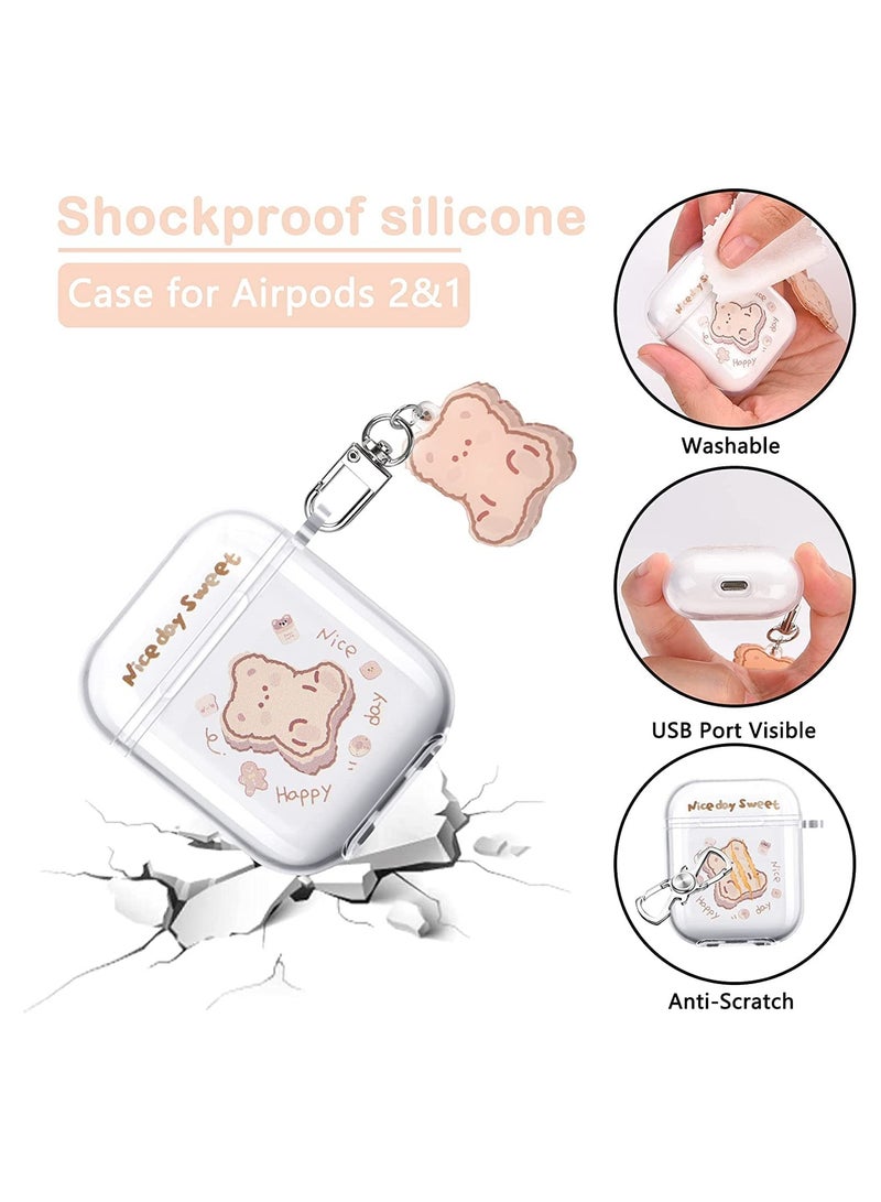 Clear AirPods Case with Bear Keychain C ute Cartoon Bear Design Full Protective Silicone Cover Compatiable with AirPod 21 Case for Kids and Womens Brown