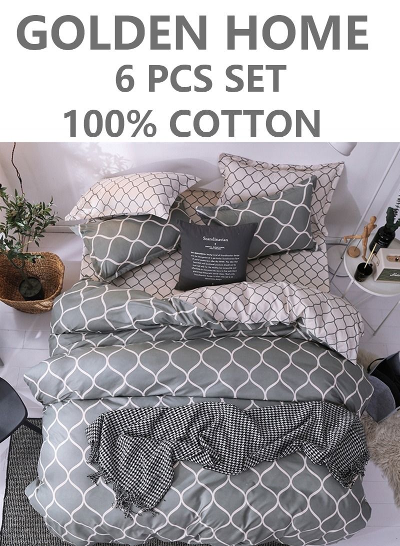 6-Piece Striped Printed King Size Cotton Duvet Cover Set Includes 1xFitted Bedsheet 200x200+30cm, 1xDuvet Cover 220x240 cm, 2xPillowcase 55x80cm, 2xCushion Case 45x70cm