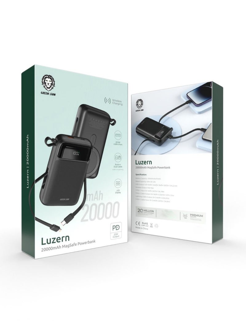 Luzern 20000 mAh MagSafe Power Bank / 20W PD Output / 22.5W USB-A Port / 20000mAh Wireless Charger Powerbank / LED Display / 15W Max Wireless Output / Built-in Dual Cable USB-C & Lightning - Black