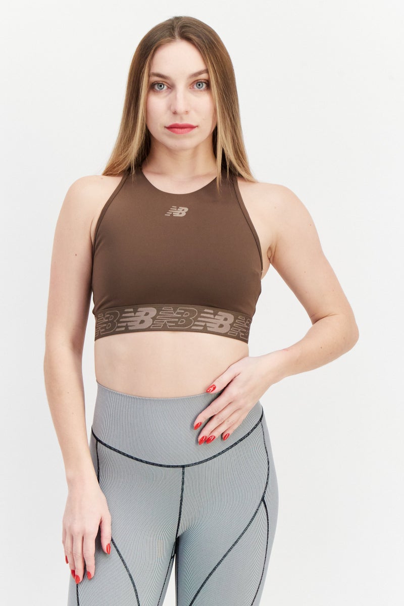 Women Brand Logo Non Padded Sports Bra, Brown