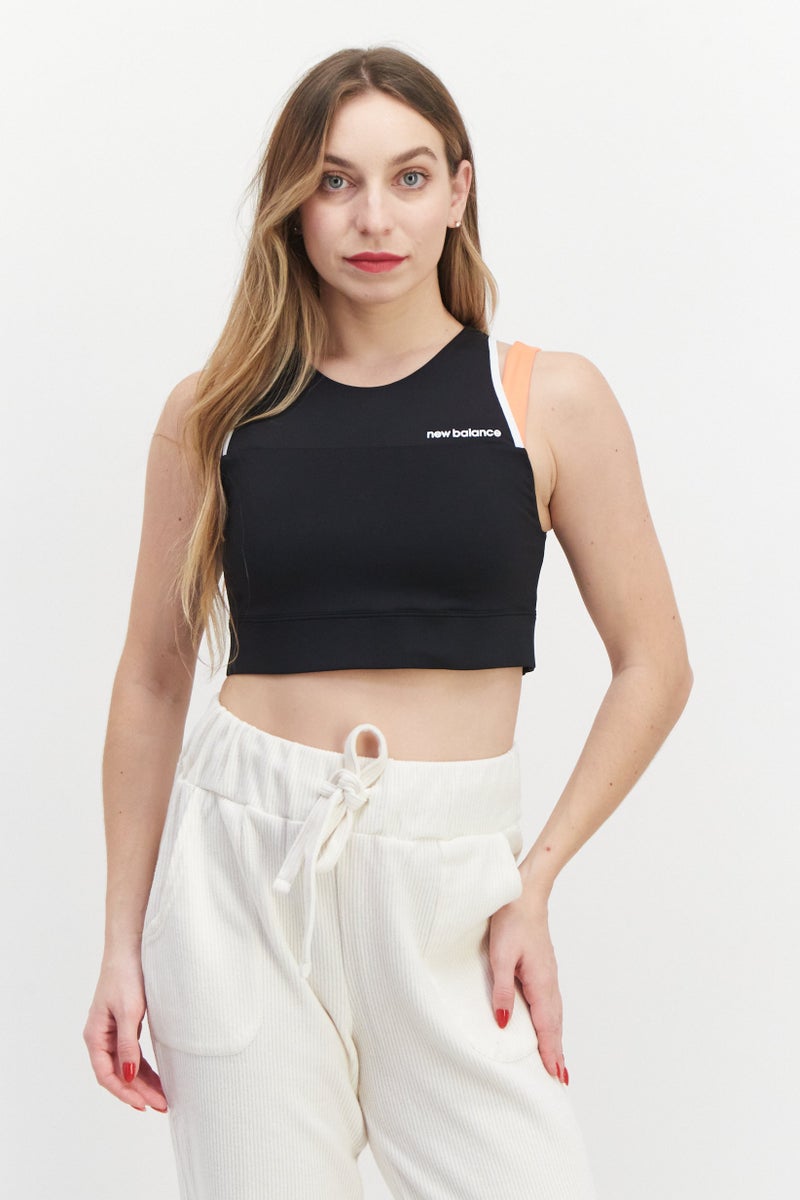 Women Brand Logo Padded Crop Sports Bra, Black/Orange