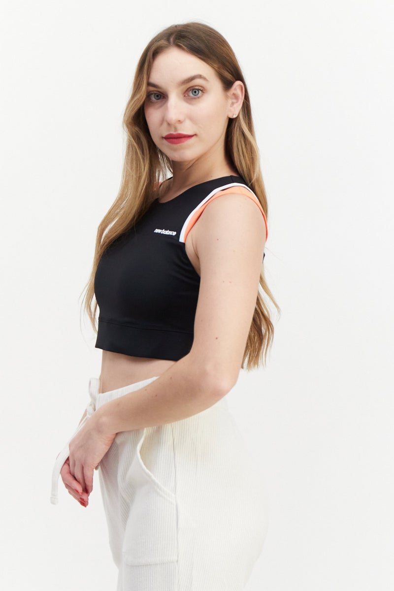 Women Brand Logo Padded Crop Sports Bra, Black/Orange