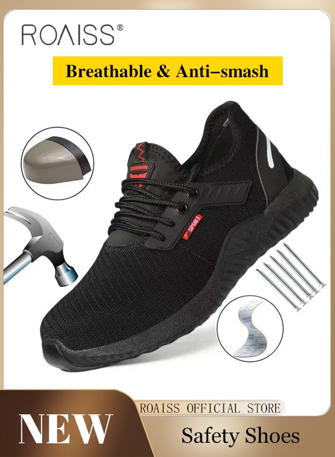 Fly Woven Steel Toe Safety Shoes for Men Anti Smash Anti Puncture Work Labor Protection Shoes Mens Light Breathable Sneakers Non Slip Wear Resistant Sports Shoes with Comfortable Soft Sole