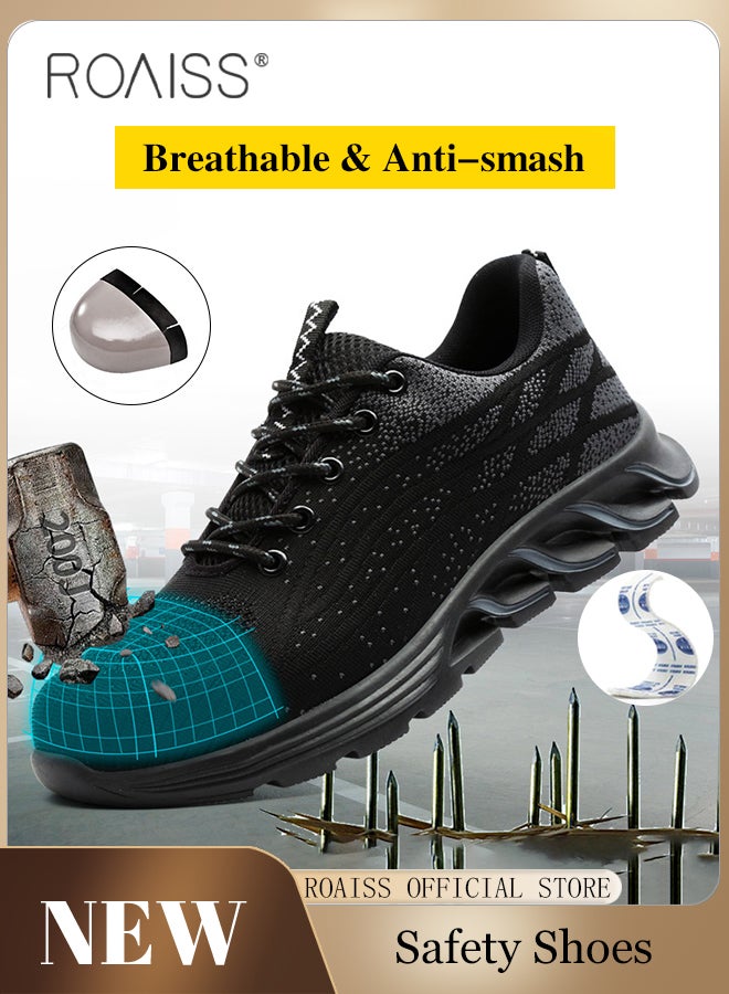 Men's Steel Toe Safety Shoes for Construction Site Work Fly Woven Anti Smash Anti Puncture Labor Protection Shoes Non Slip Wear Resistant Sneakers Moisture Absorbent Breathable Sports Shoes